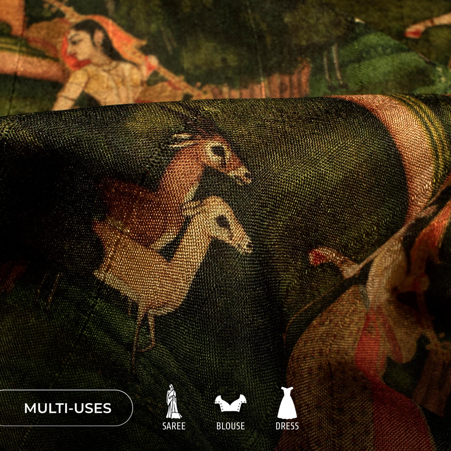 Green And Brown Madhuvanii Printed Art Tusser Silk Fabric