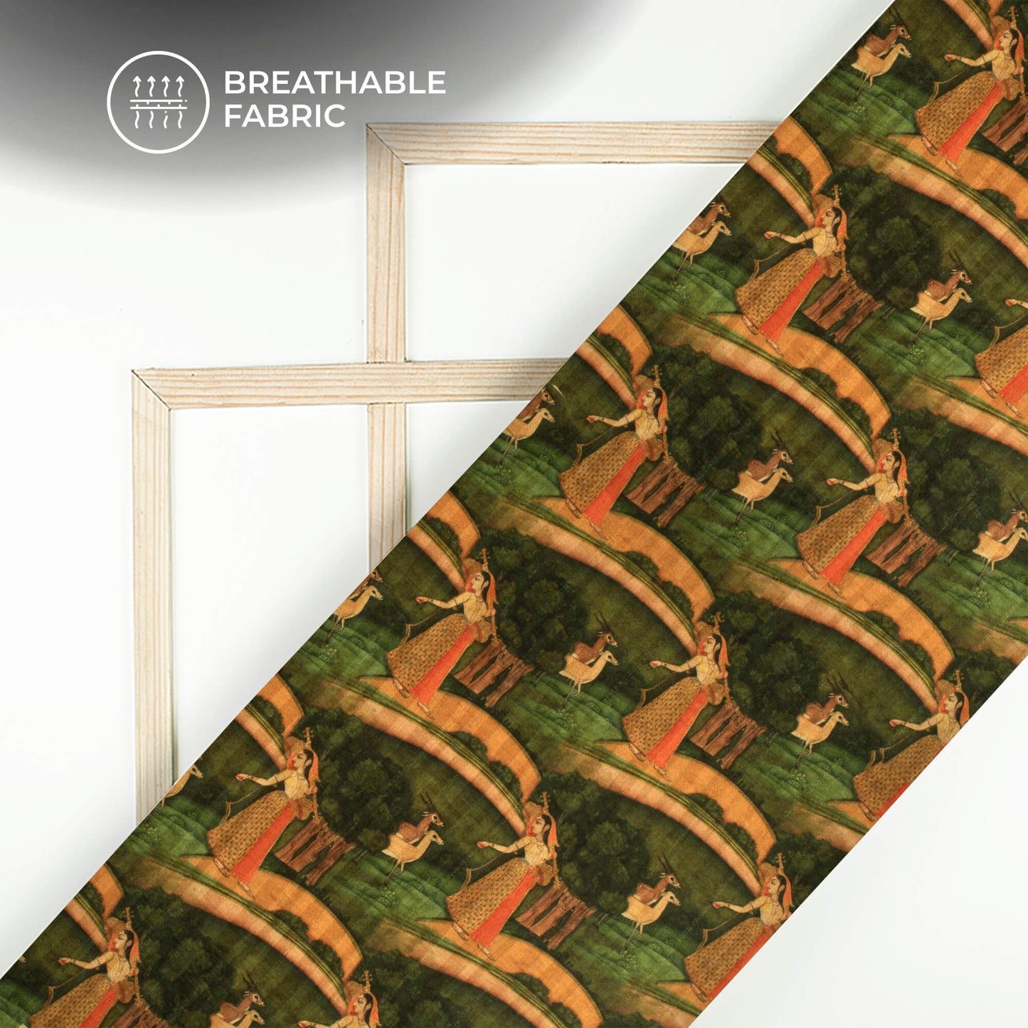 Green And Brown Madhuvanii Printed Art Tusser Silk Fabric