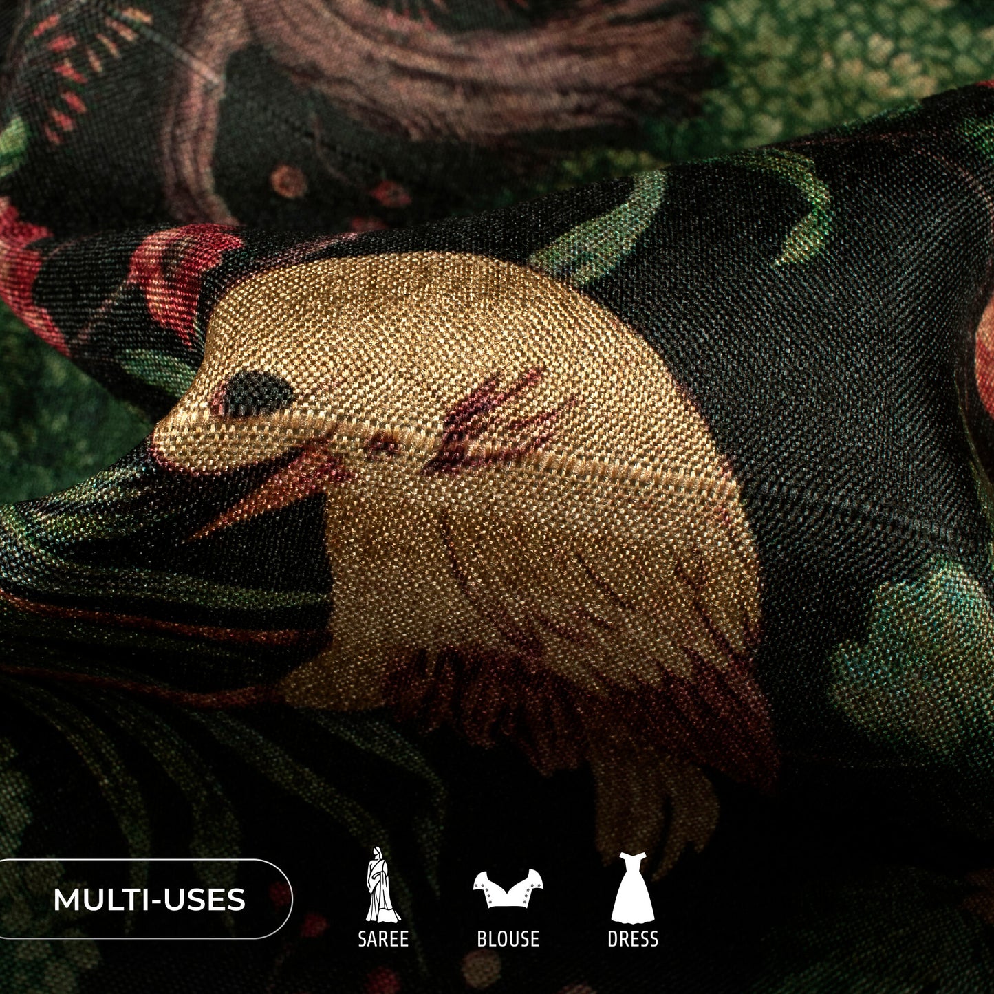 Forest Green Madhuvanii Printed Art Tusser Silk Fabric
