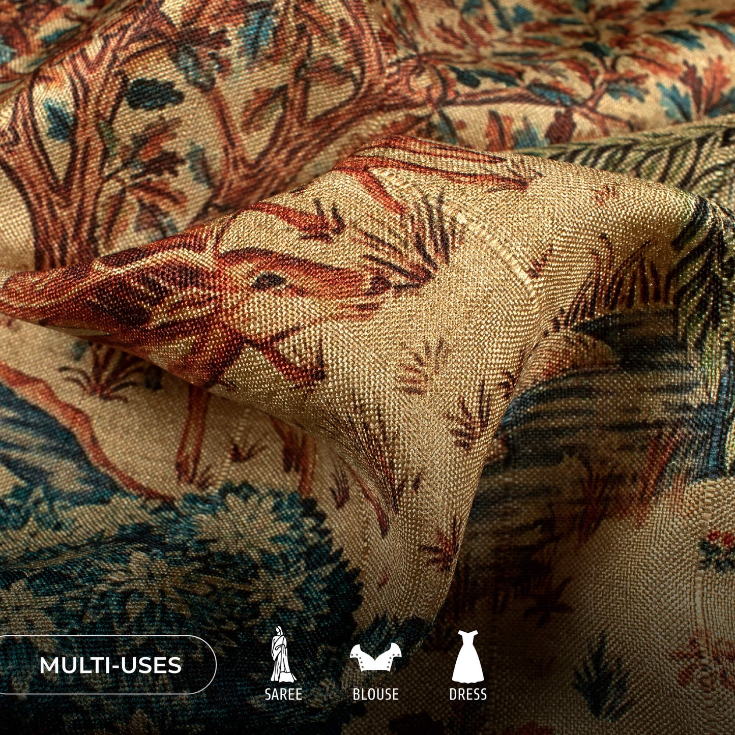 Green And Cream Madhuvanii Printed Art Tusser Silk Fabric
