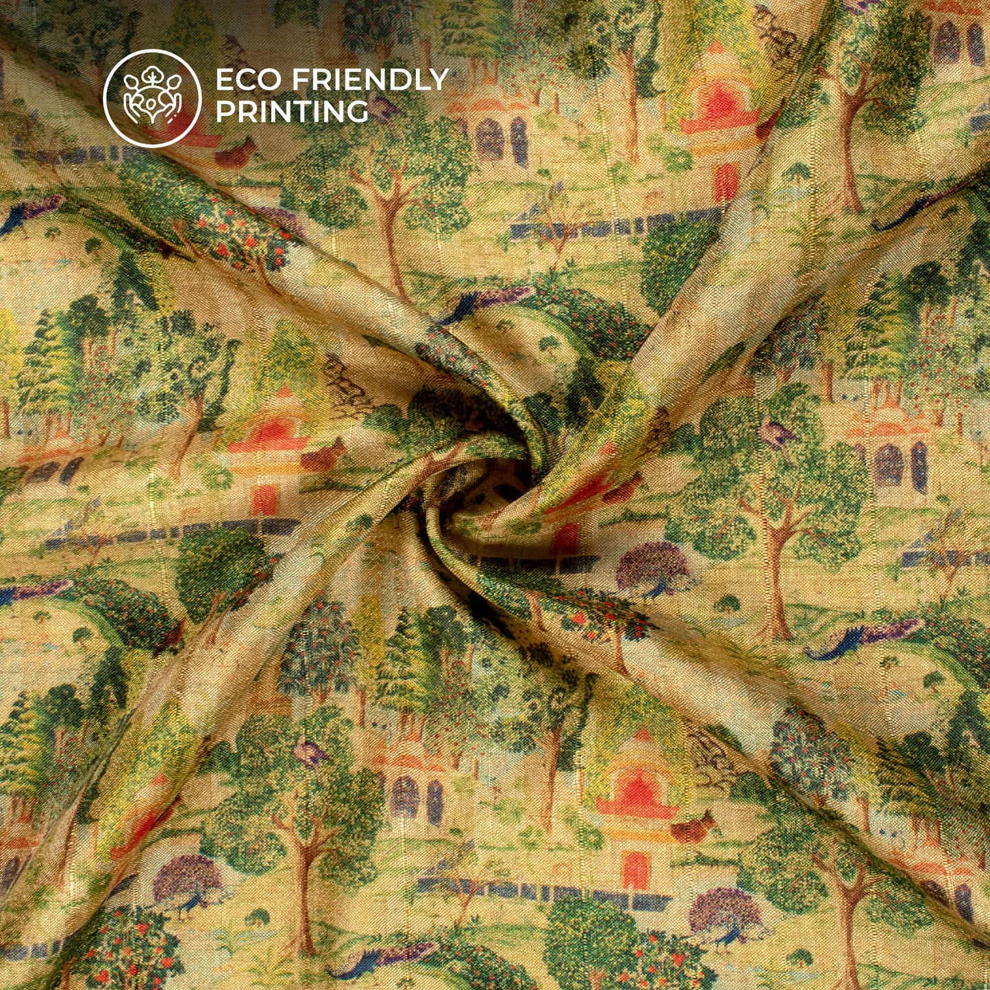 Peacock Garden Madhuvanii Printed Art Tusser Silk Fabric