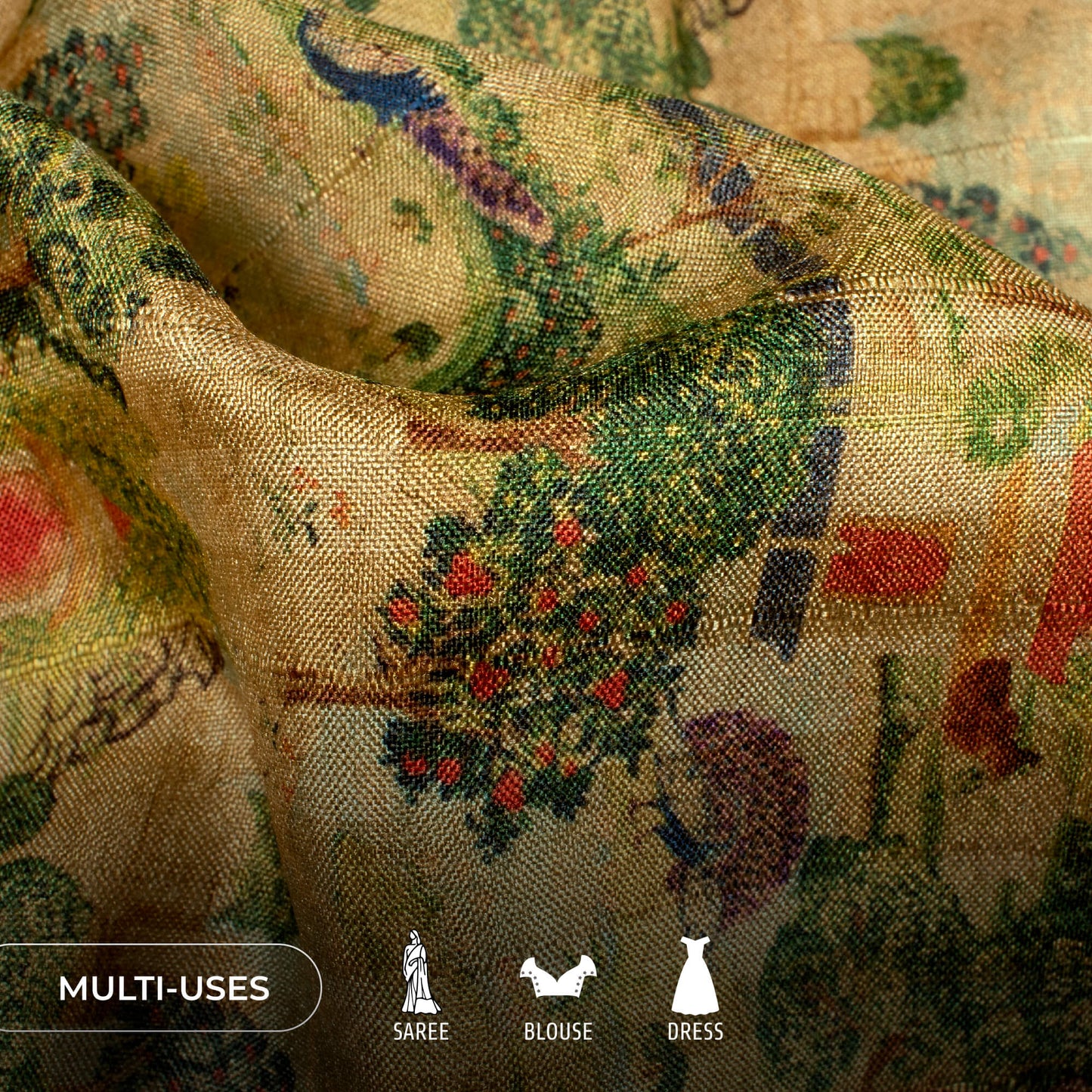 Peacock Garden Madhuvanii Printed Art Tusser Silk Fabric