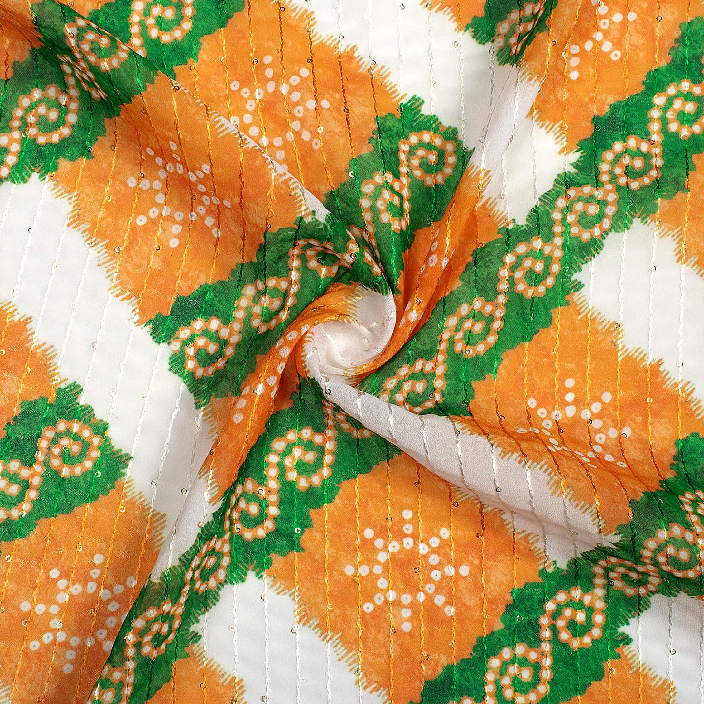 Tri-Color Bandhanii Printed Sequins Georgette Fabric