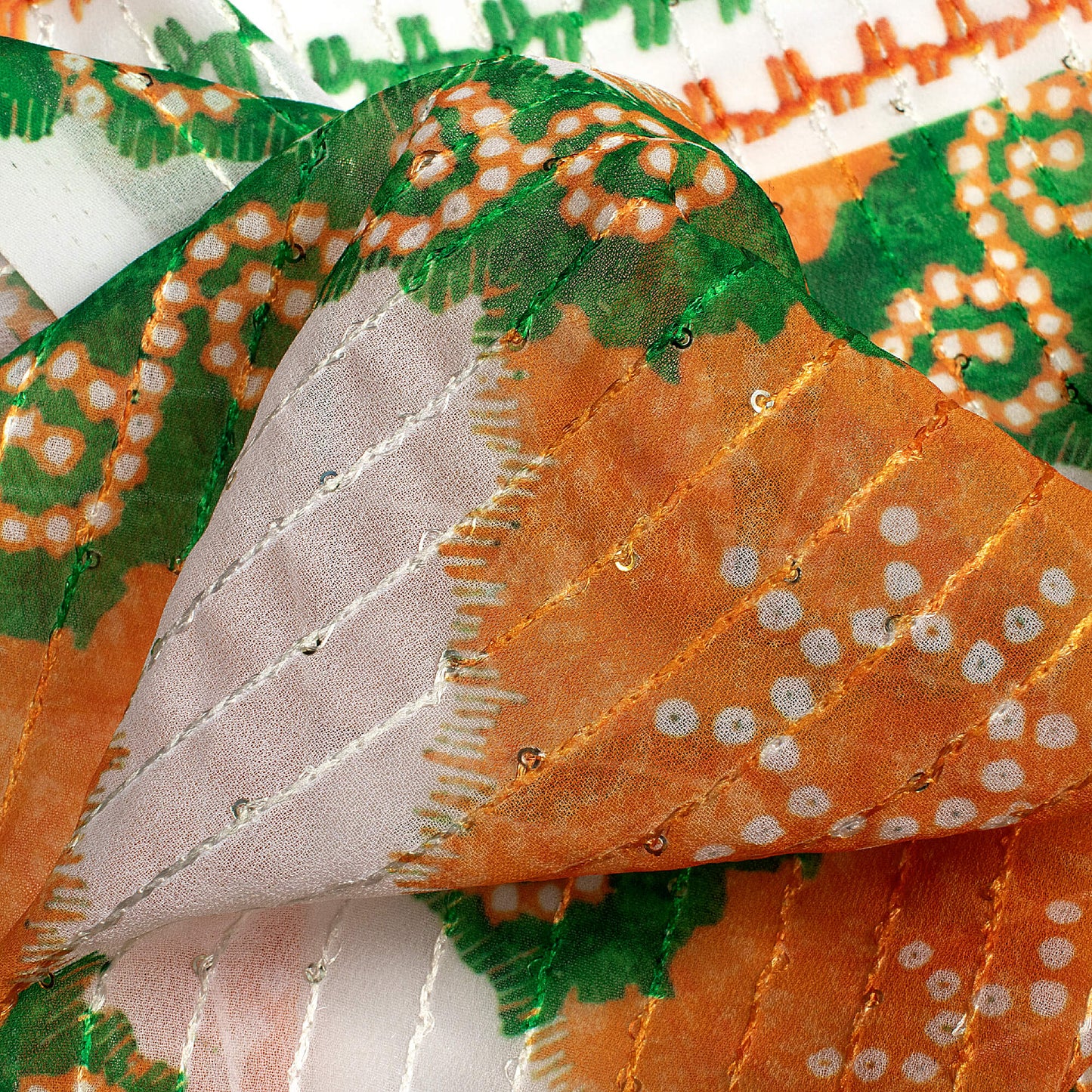 Tri-Color Bandhanii Printed Sequins Georgette Fabric