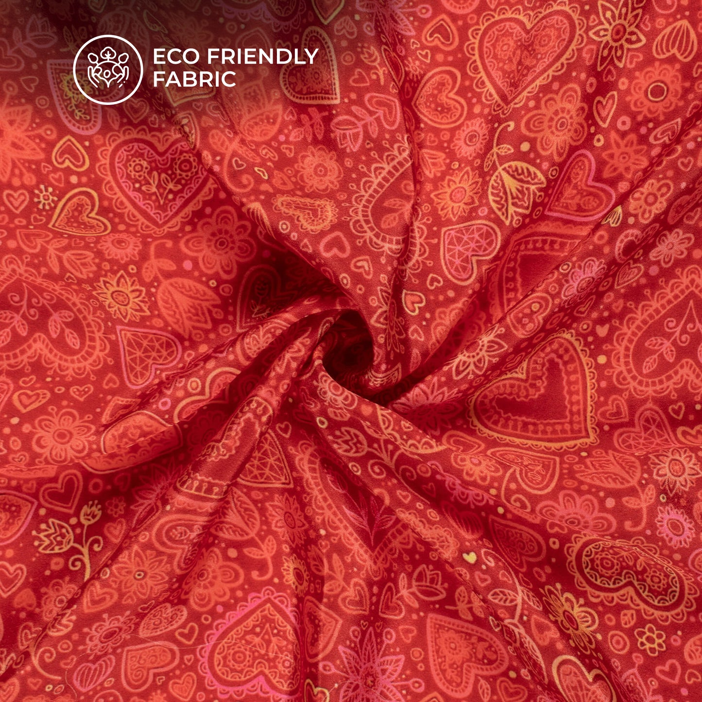 Red Quirky Heart Printed Crepe Silk Fabric