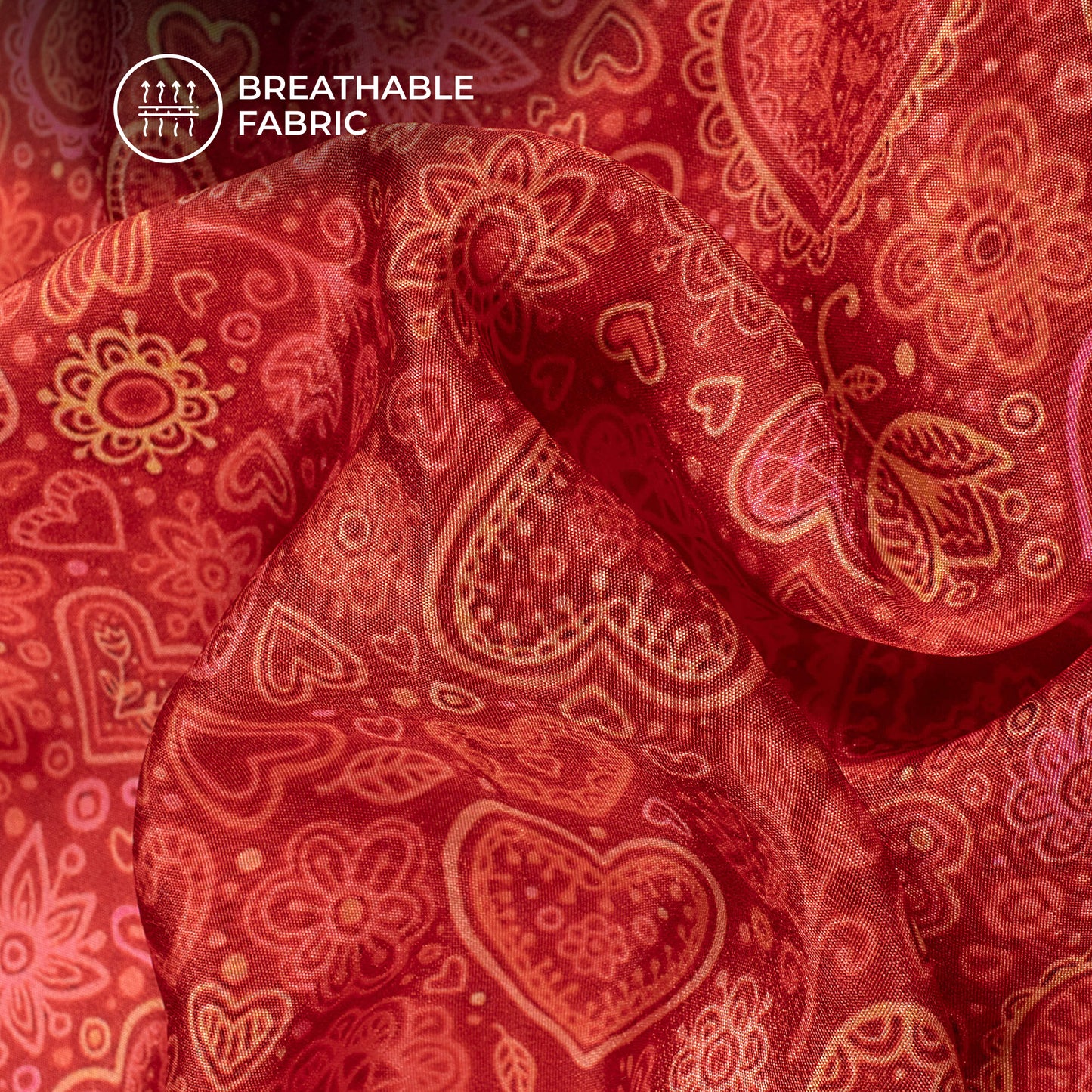 Red Quirky Heart Printed Crepe Silk Fabric