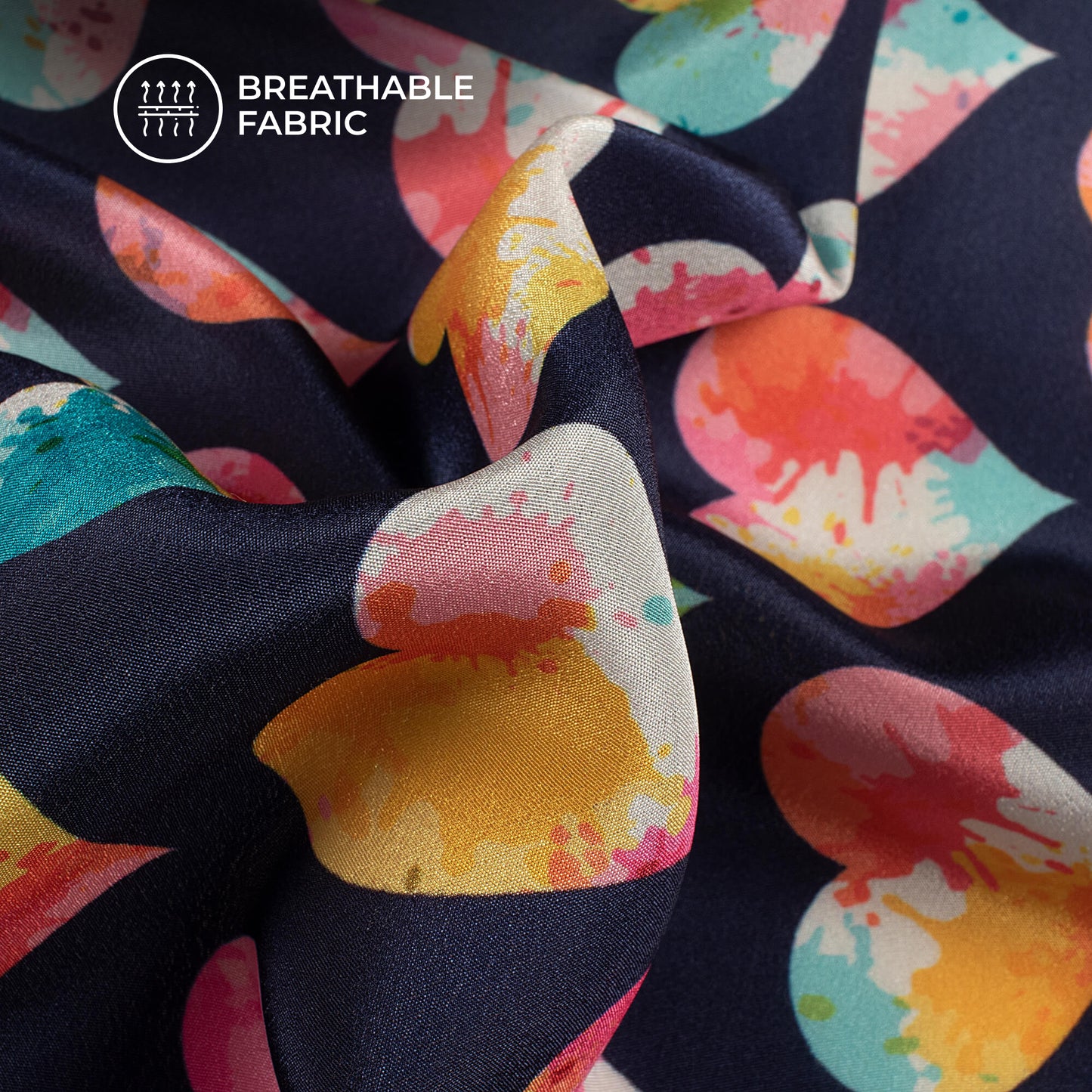 Multi-Color Heart Printed Crepe Silk Fabric