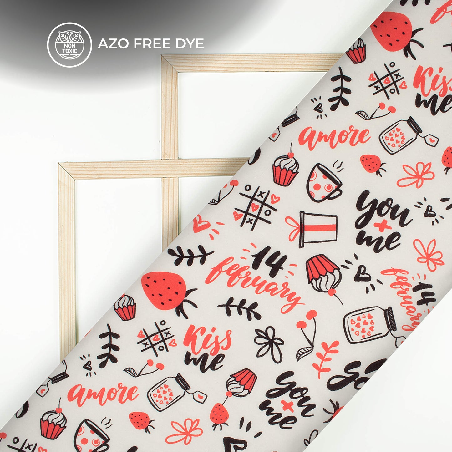 Red And Black Quirky Printed Crepe Silk Fabric