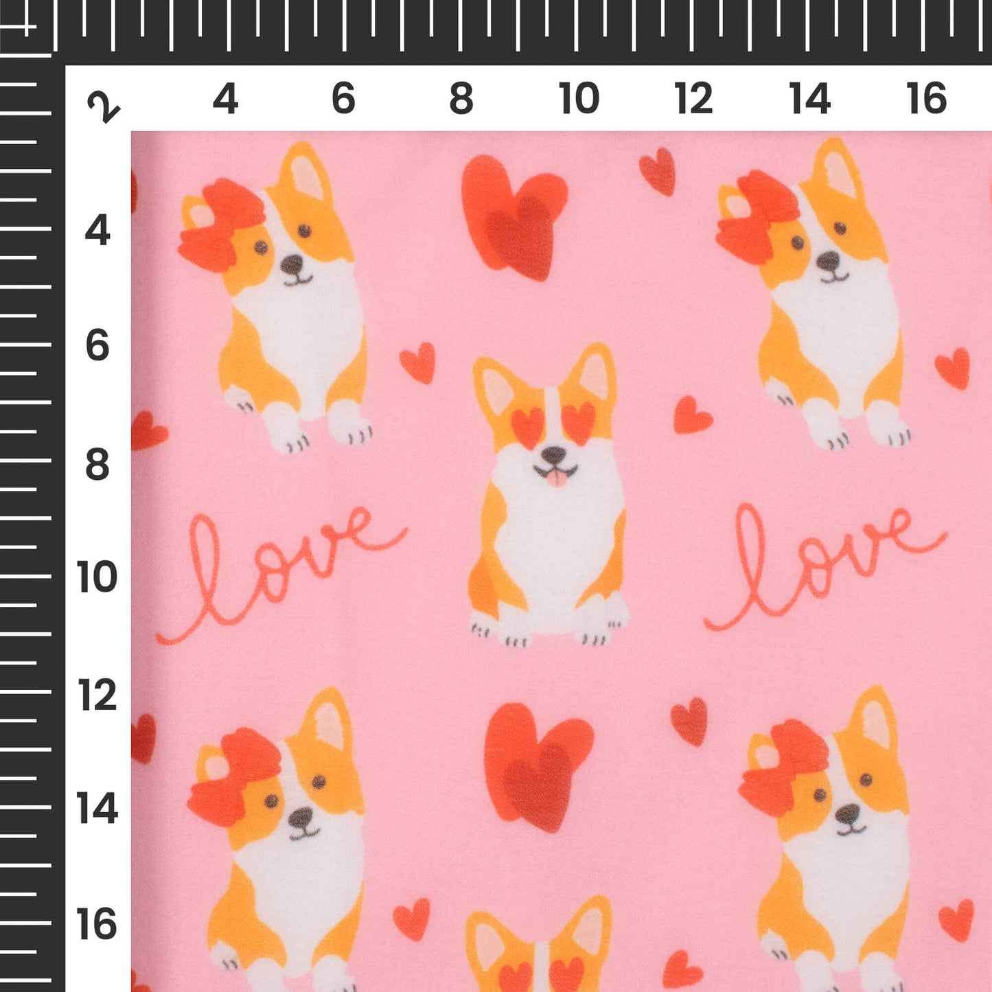 Lovely Pink Corgi And Heart Printed Georgette Fabric
