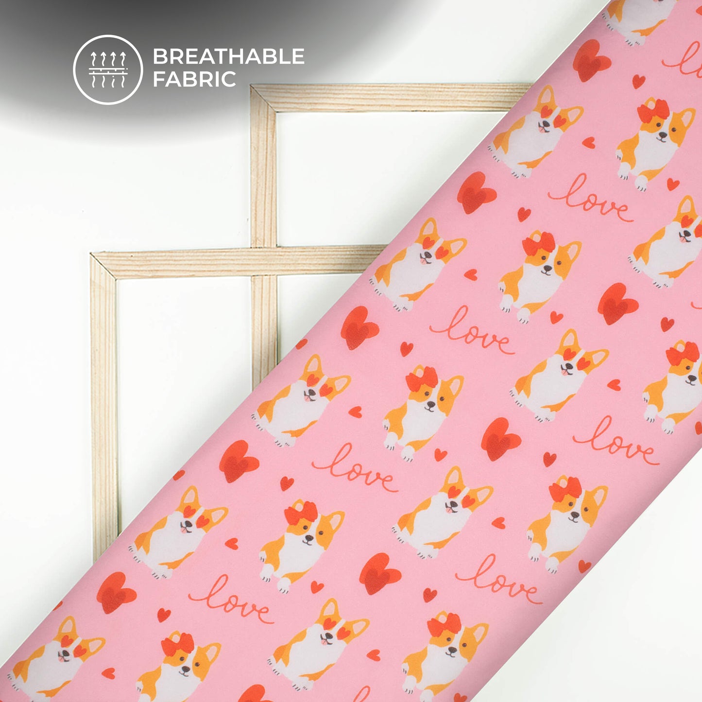 Lovely Pink Corgi And Heart Printed Georgette Fabric