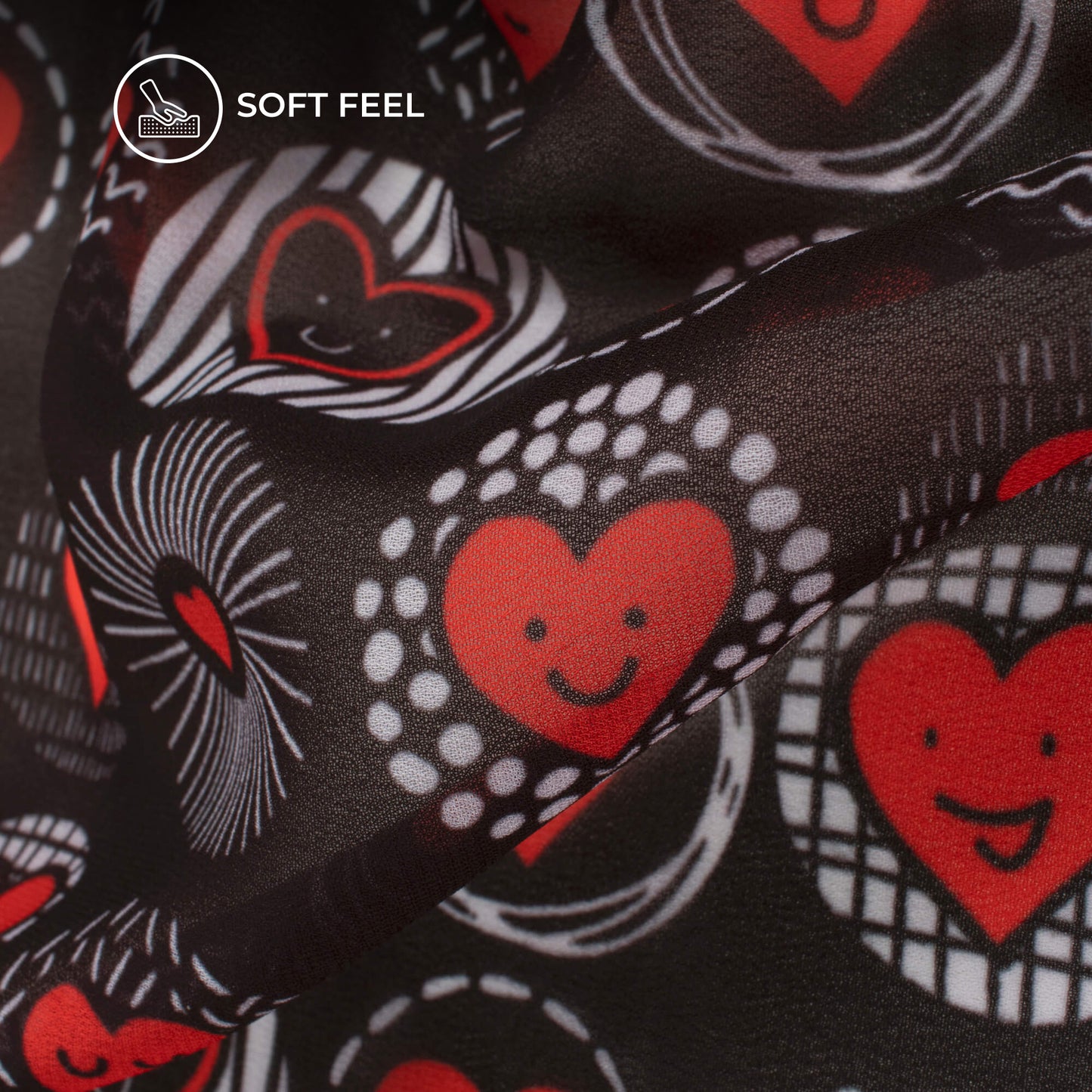 Geometric Smiley Heart Printed Georgette Fabric