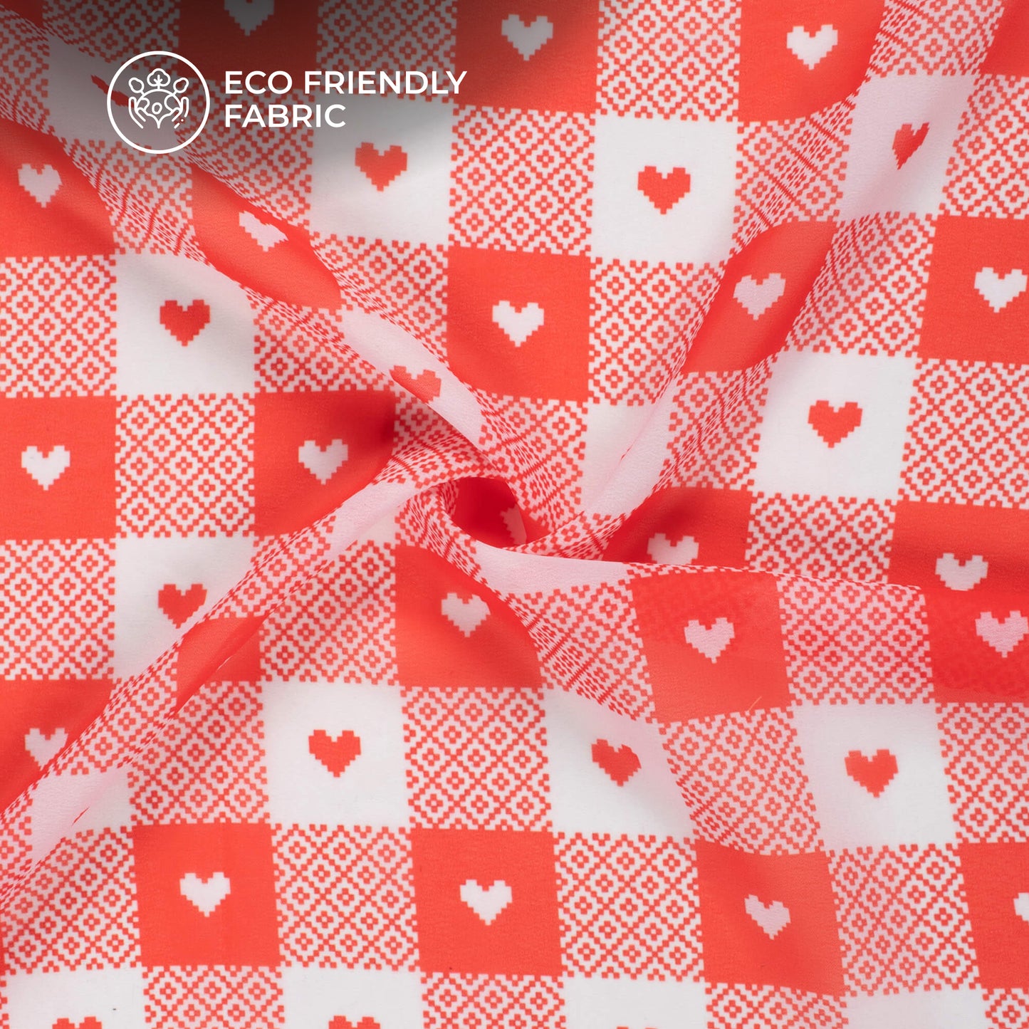 Red And White Checkered With Mini Heart Printed Georgette Fabric