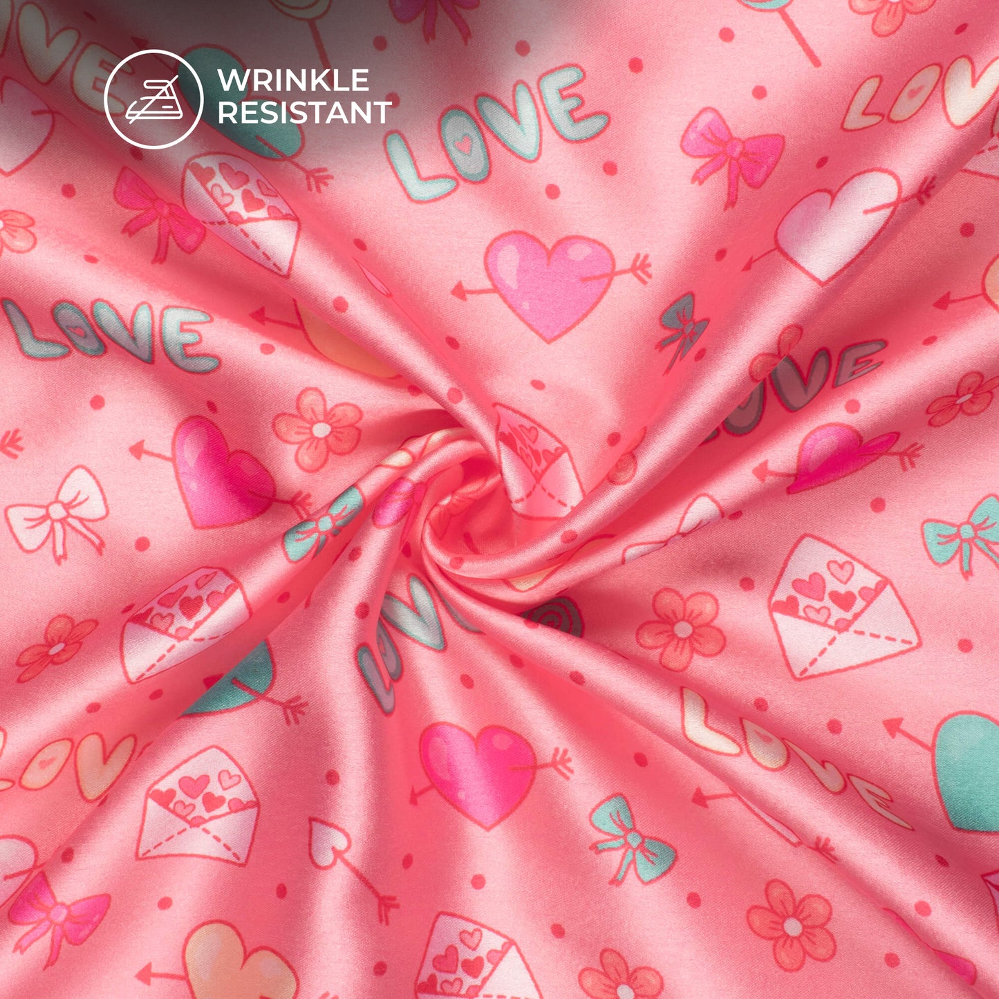 Pink Candy Heart Printed Japan Satin Fabric