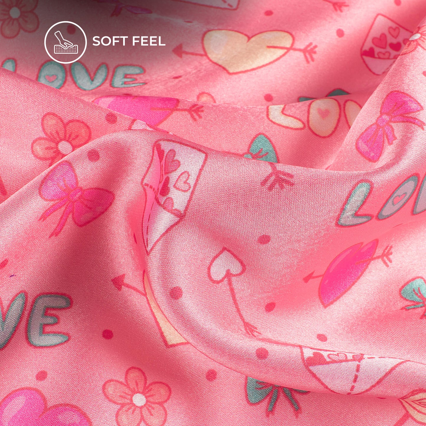 Pink Candy Heart Printed Japan Satin Fabric