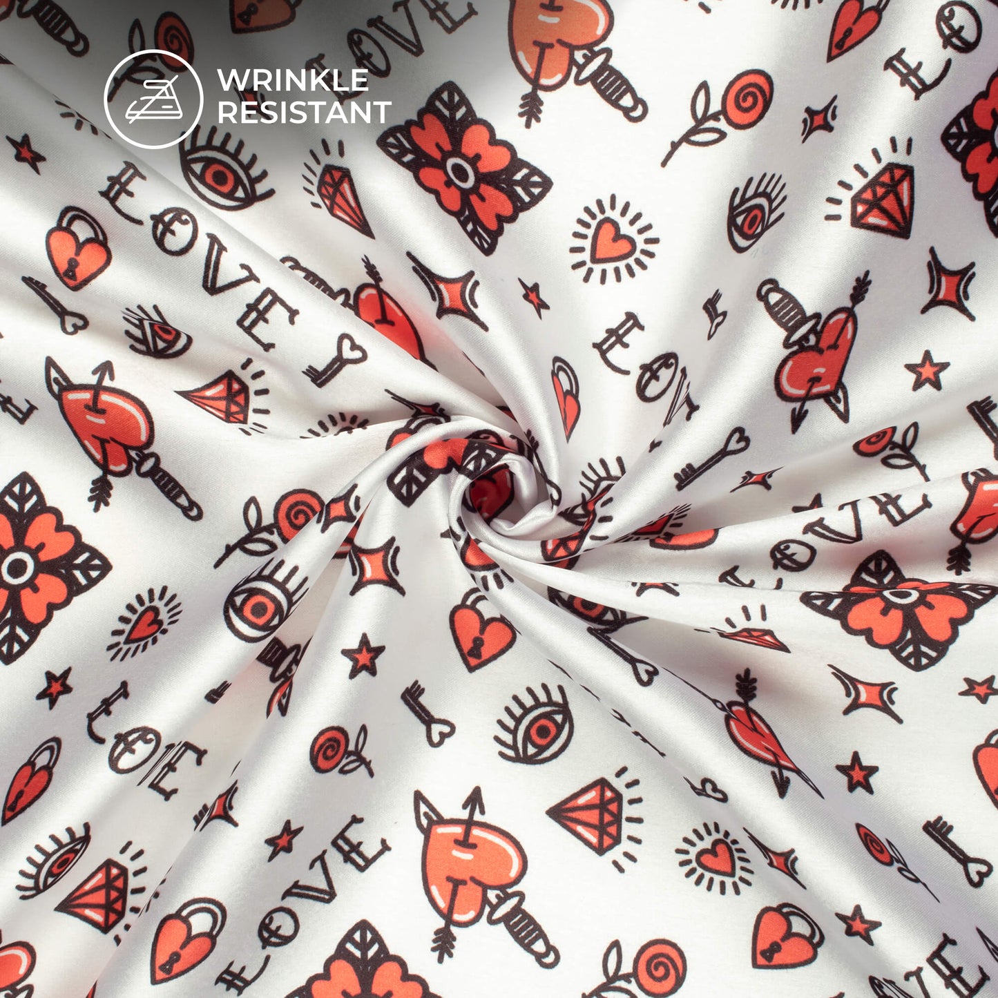 White And Red Quirky Printed Japan Satin Fabric