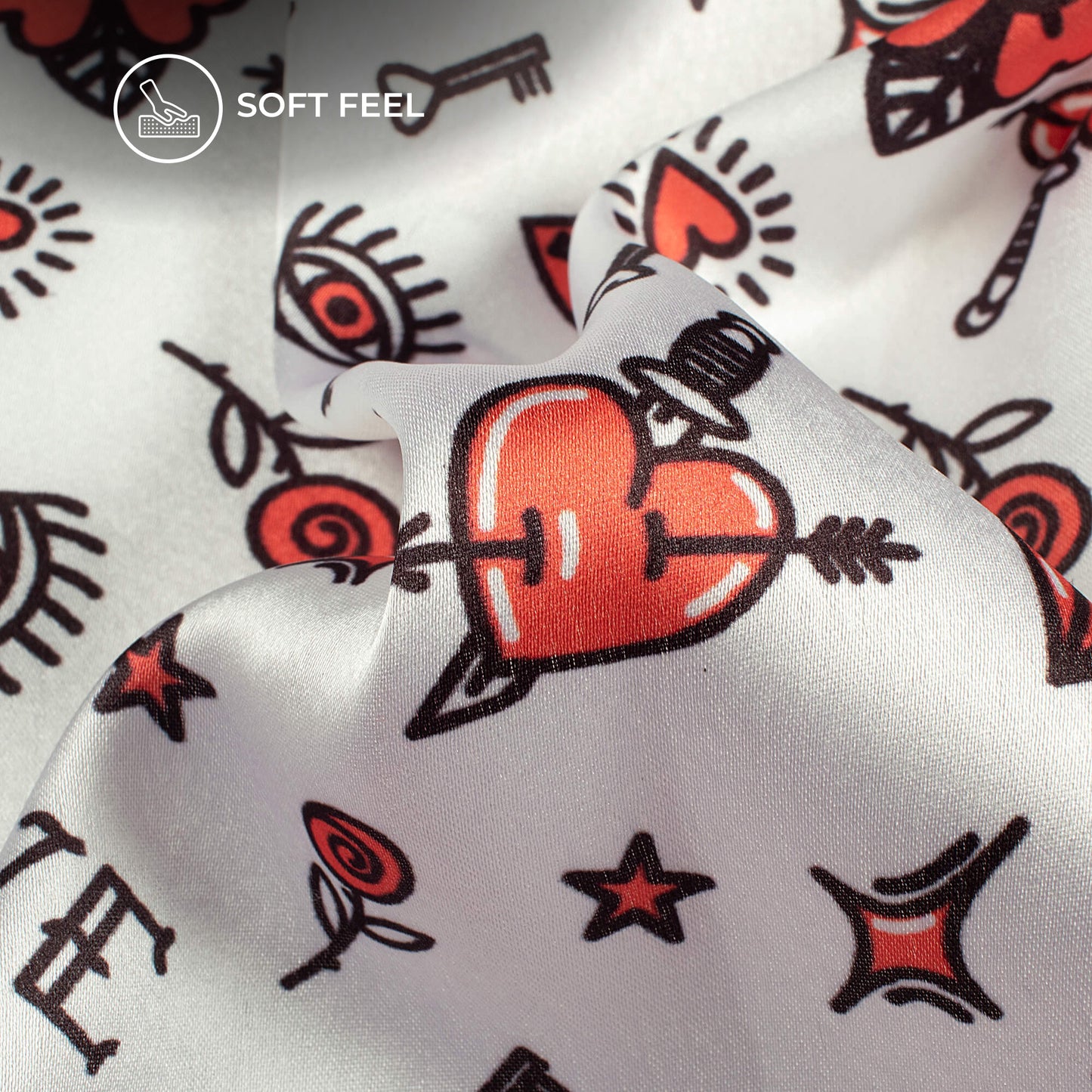 White And Red Quirky Printed Japan Satin Fabric