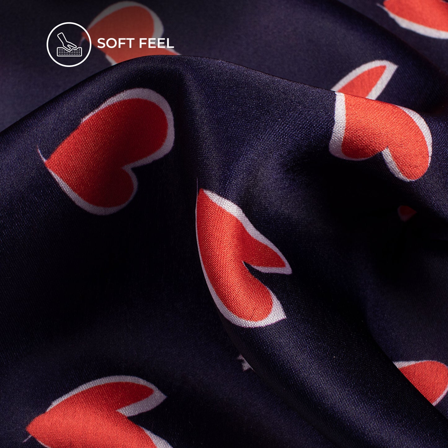 Navy Blue And Red Heart Printed Japan Satin Fabric