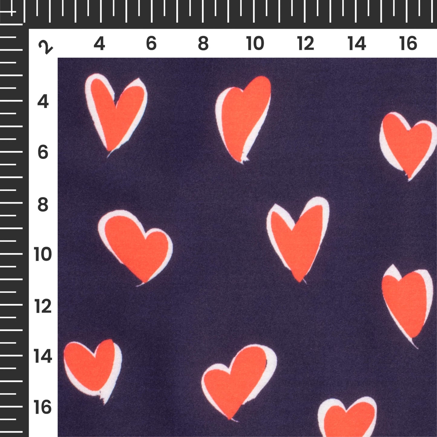 Navy Blue And Red Heart Printed Japan Satin Fabric
