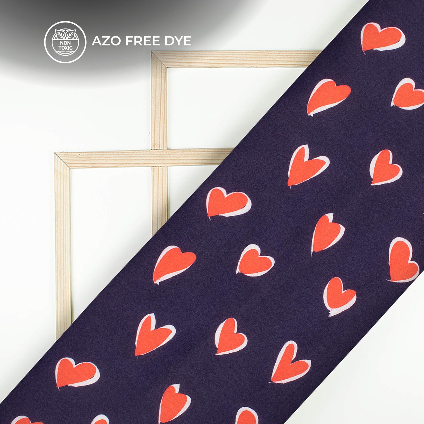 Navy Blue And Red Heart Printed Japan Satin Fabric