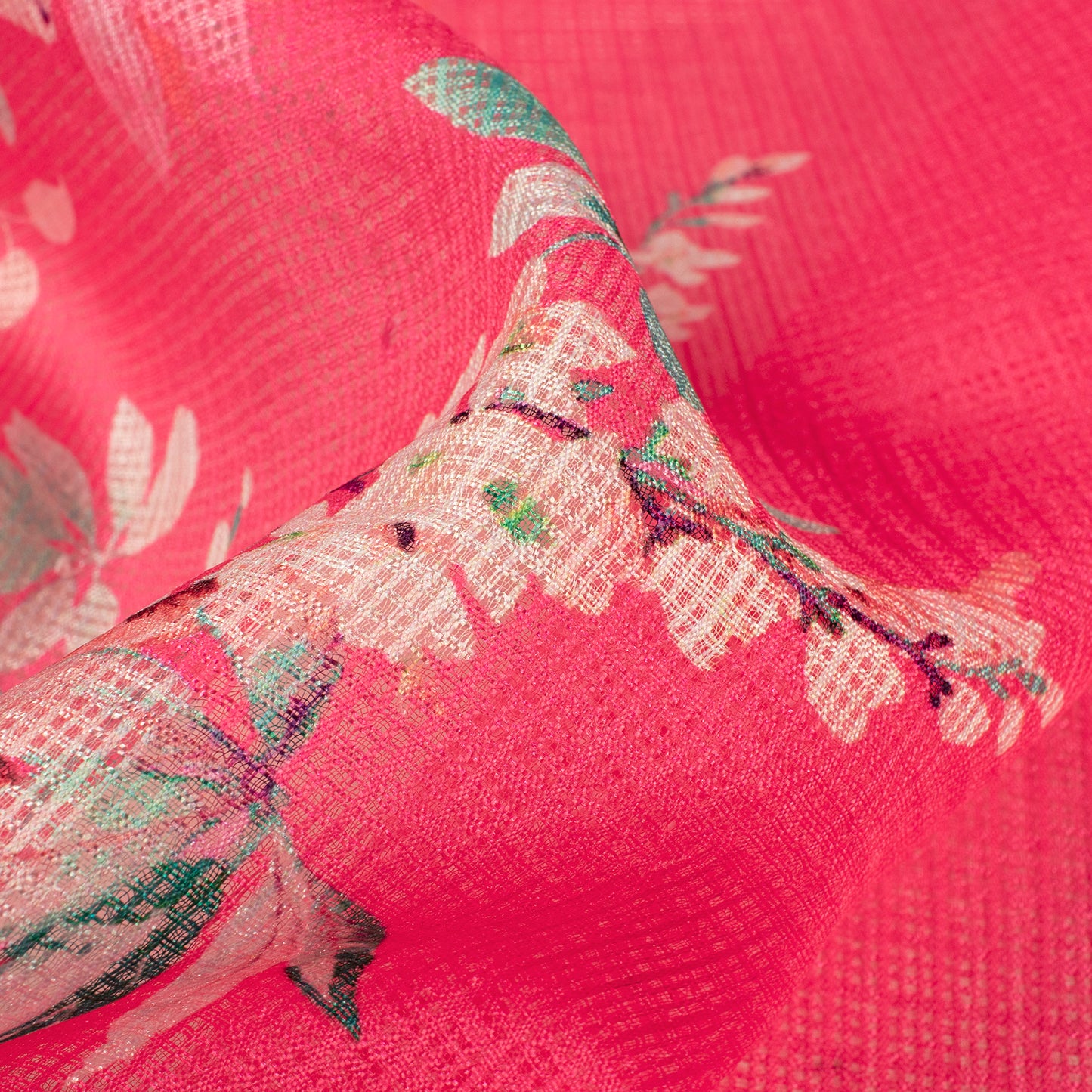 Hot Pink Floral Daman Digital Print Kota Doria Fabric