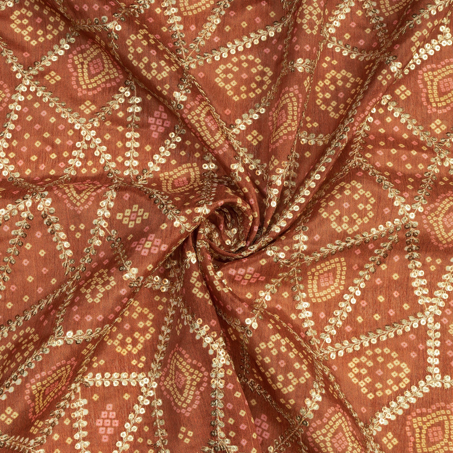 Exclusive Bandhanii Position Print On Sequins Embroidery Chinnon Chiffon Fabric
