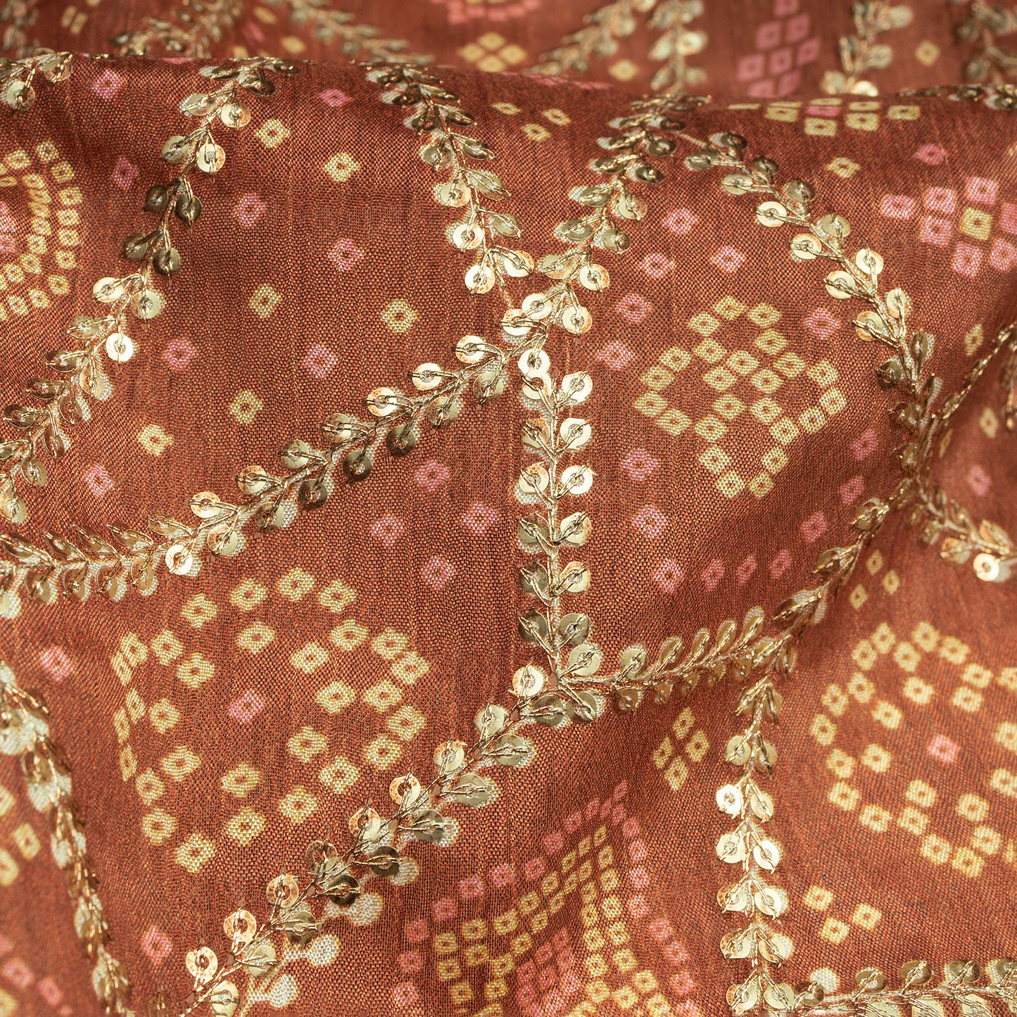 Exclusive Bandhani Position Print On Sequins Embroidery Chinnon Chiffon Fabric