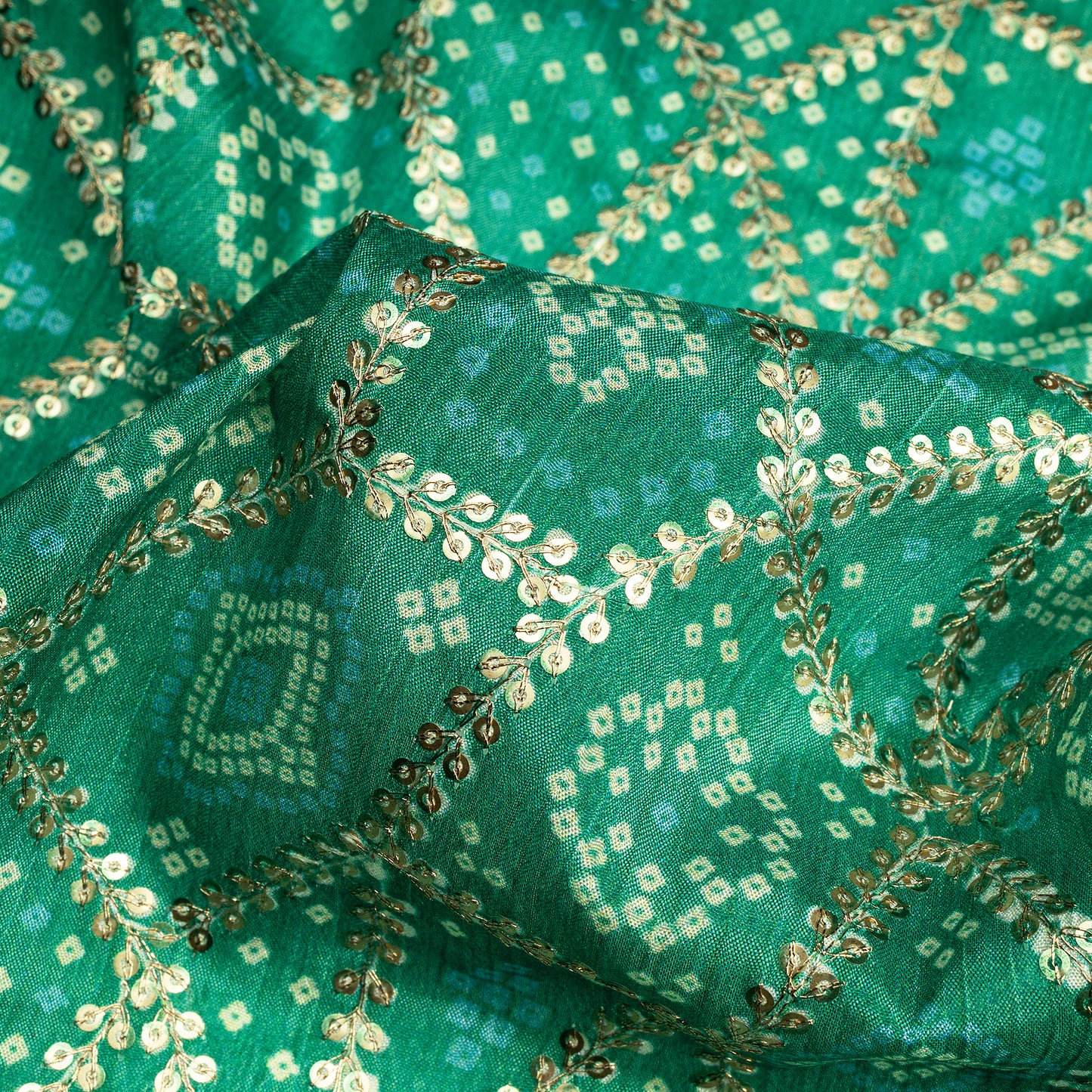 Trendy Bandhanii Position Print On Sequins Embroidery Chinnon Chiffon Fabric