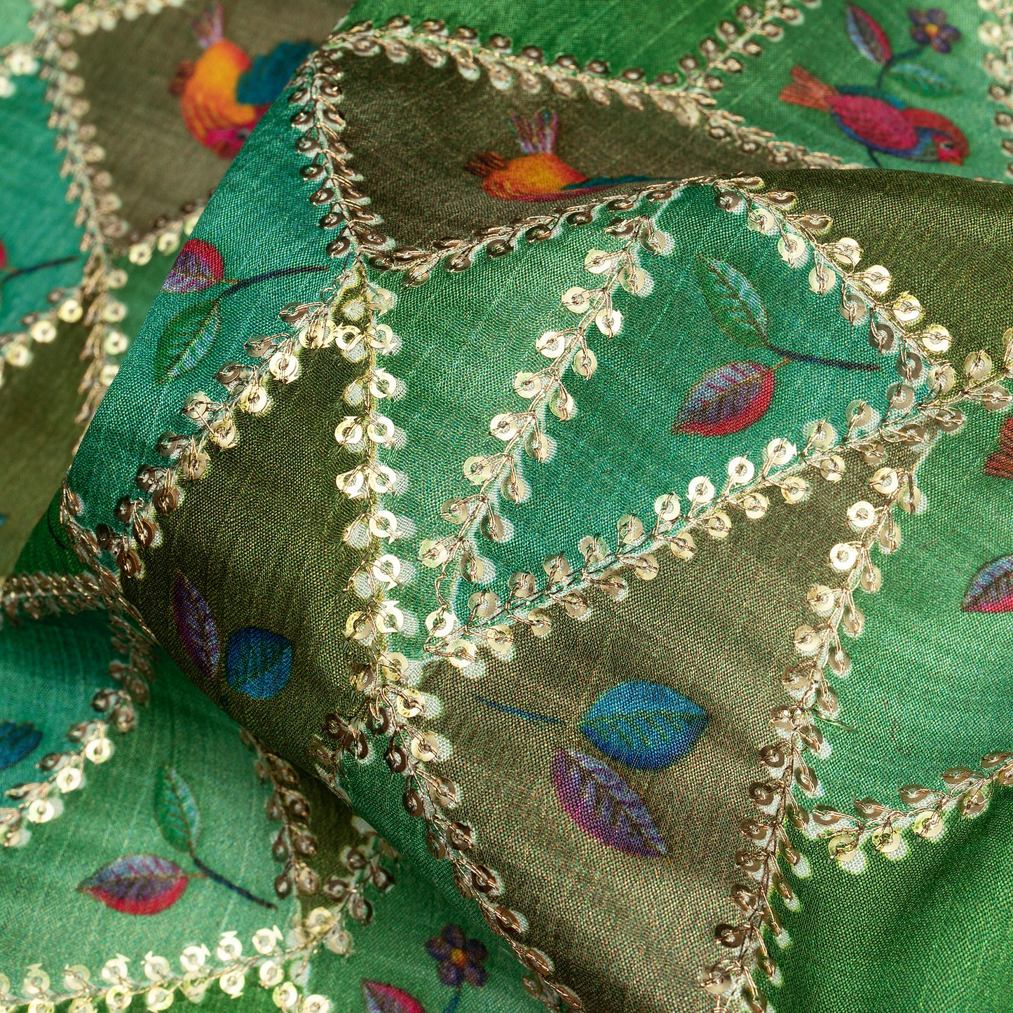 Beautiful Bird And Leaf Position Print On Sequins Embroidery Chinnon Chiffon Fabric