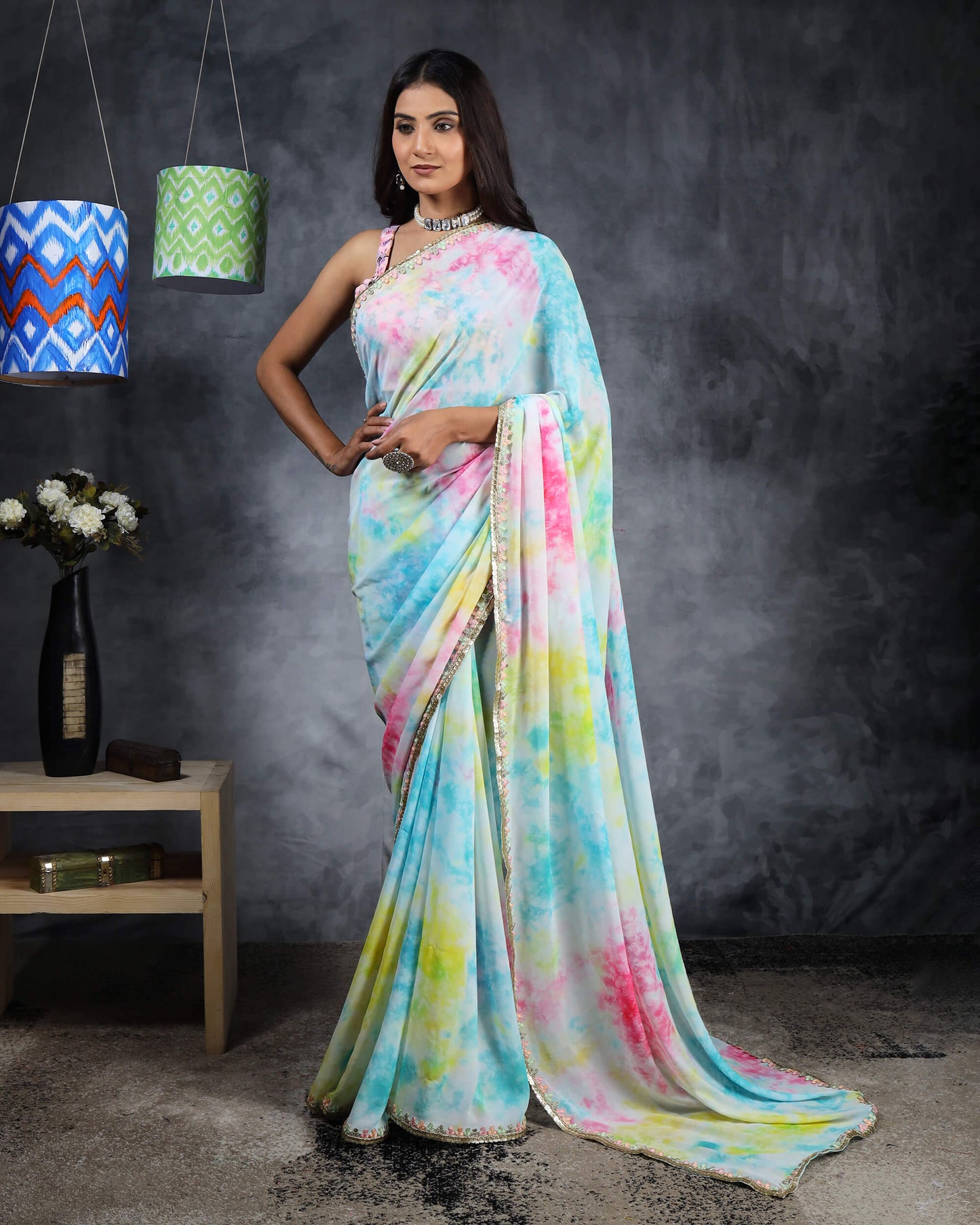 Sky Blue And Pink Tie & Dye Pattern Digital Print Georgette Saree With Sequins Lace Border