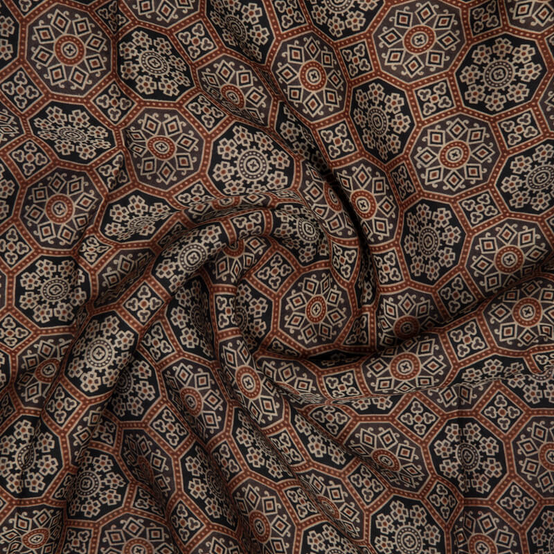 Black And Brown Traditional Pattern Ajrakh Screen Print Viscose Modal Satin Fabric