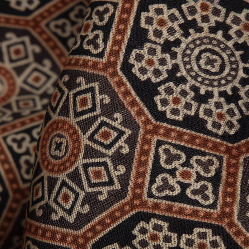 Black And Brown Traditional Pattern Ajrakh Screen Print Viscose Modal Satin Fabric