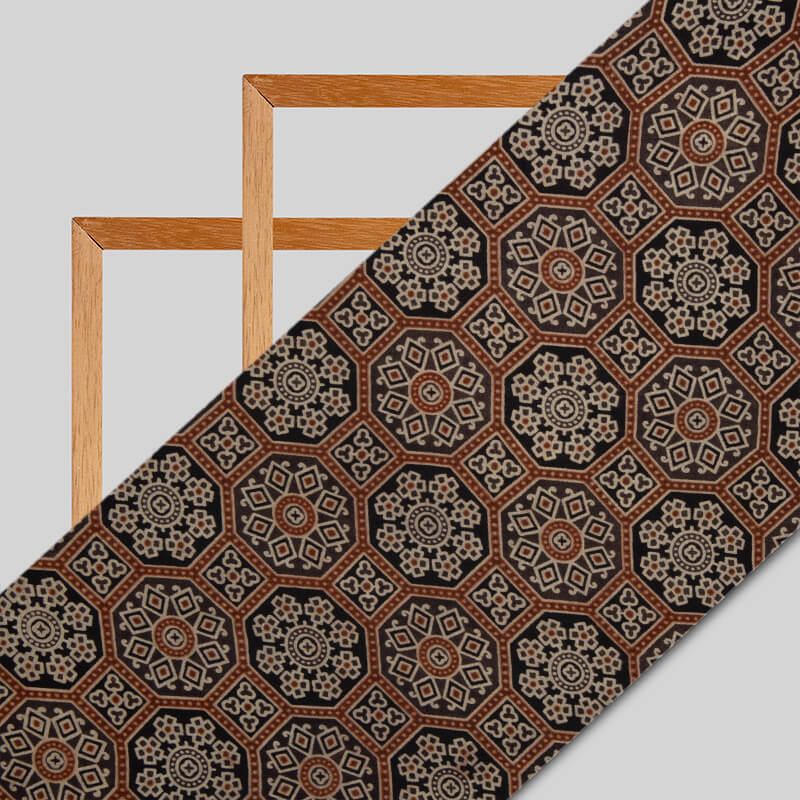 Black And Brown Traditional Pattern Ajrakh Screen Print Viscose Modal Satin Fabric