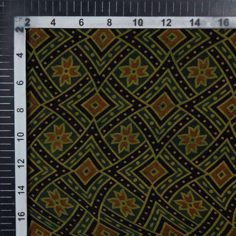 Bottle Green Geometric Pattern Ajrakh Handblock Viscose Modal Satin Fabric - Fabcurate