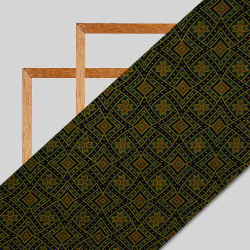 Bottle Green Geometric Pattern Ajrakh Handblock Viscose Modal Satin Fabric - Fabcurate