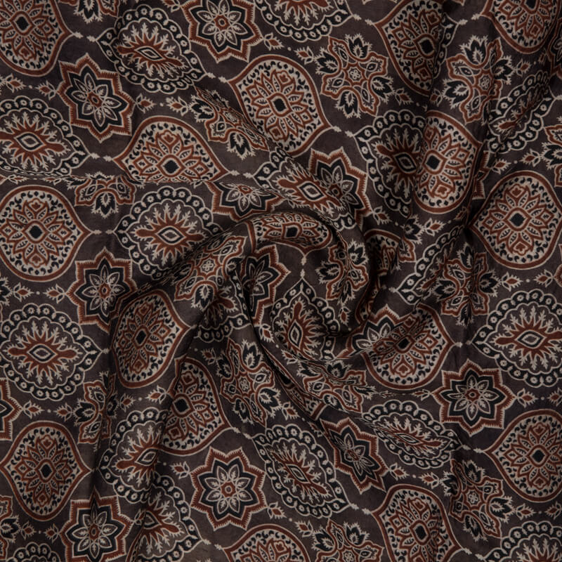 Dark Brown Traditional Pattern Ajrakh Screen Print Viscose Modal Satin Fabric