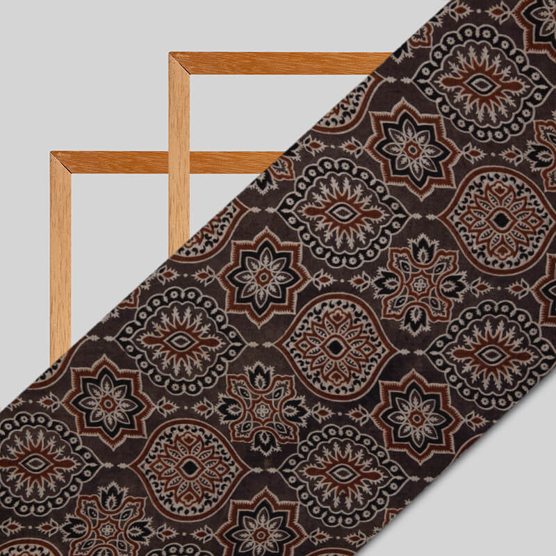 Dark Brown Traditional Pattern Ajrakh Screen Print Viscose Modal Satin Fabric
