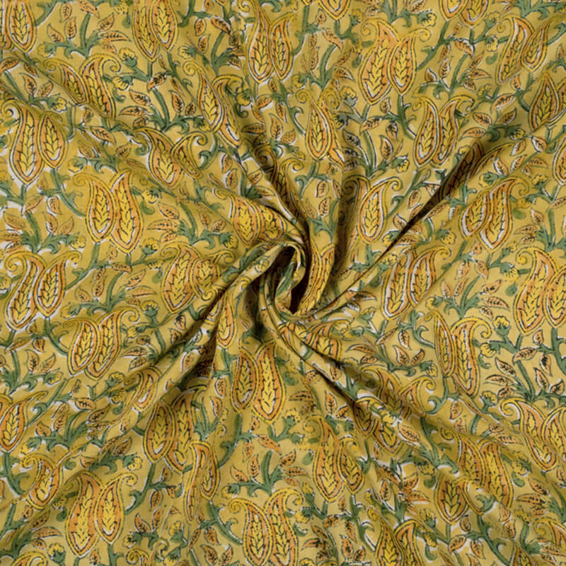 Yellow And Green Paisley Pattern Rapid Handblock Viscose Modal Rayon Fabric - Fabcurate