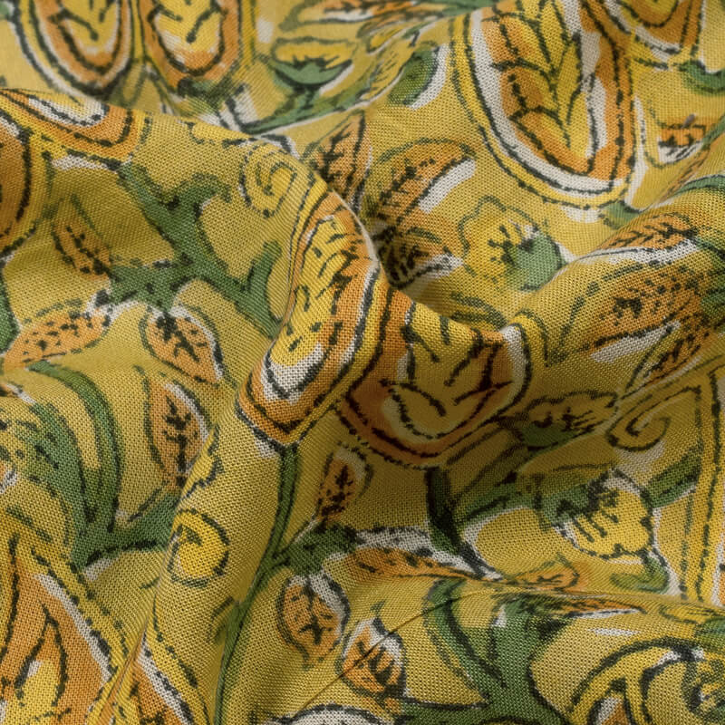 Yellow And Green Paisley Pattern Rapid Handblock Viscose Modal Rayon Fabric - Fabcurate