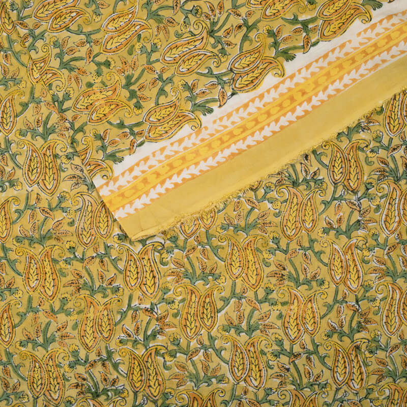 Yellow And Green Paisley Pattern Rapid Handblock Viscose Modal Rayon Fabric - Fabcurate
