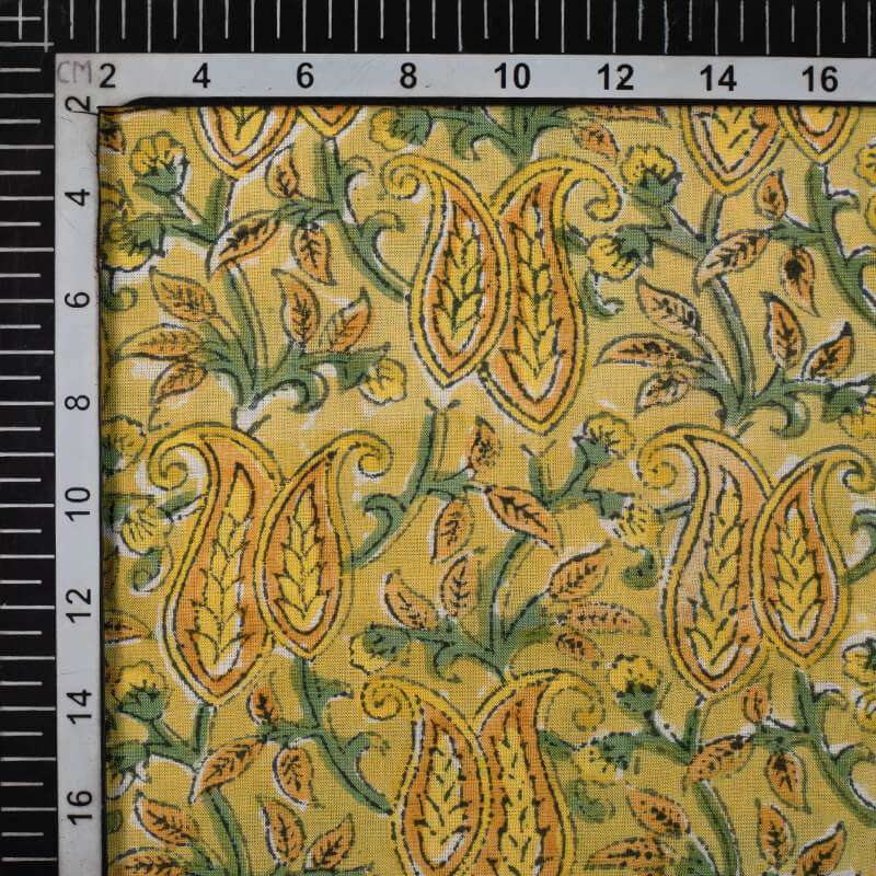 Yellow And Green Paisley Pattern Rapid Handblock Viscose Modal Rayon Fabric - Fabcurate