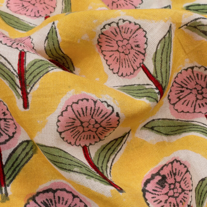 Yellow And Pink Floral Pattern Rapid Handblock Viscose Modal Rayon Fabric - Fabcurate