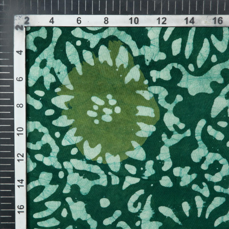 Bottle Green Floral Pattern Kutch Wax Batik Handblock Rayon Fabric - Fabcurate