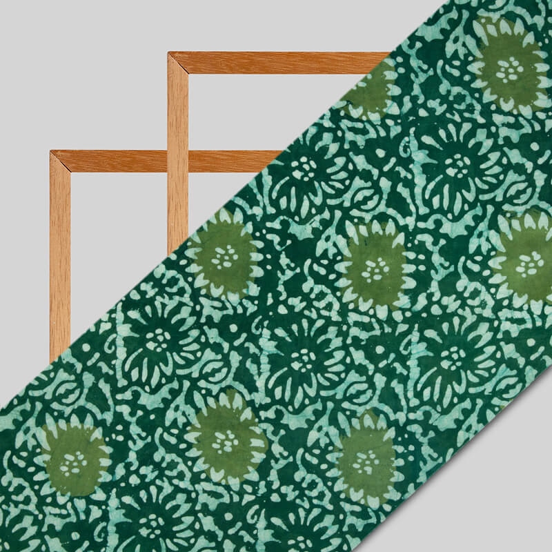 Bottle Green Floral Pattern Kutch Wax Batik Handblock Rayon Fabric - Fabcurate
