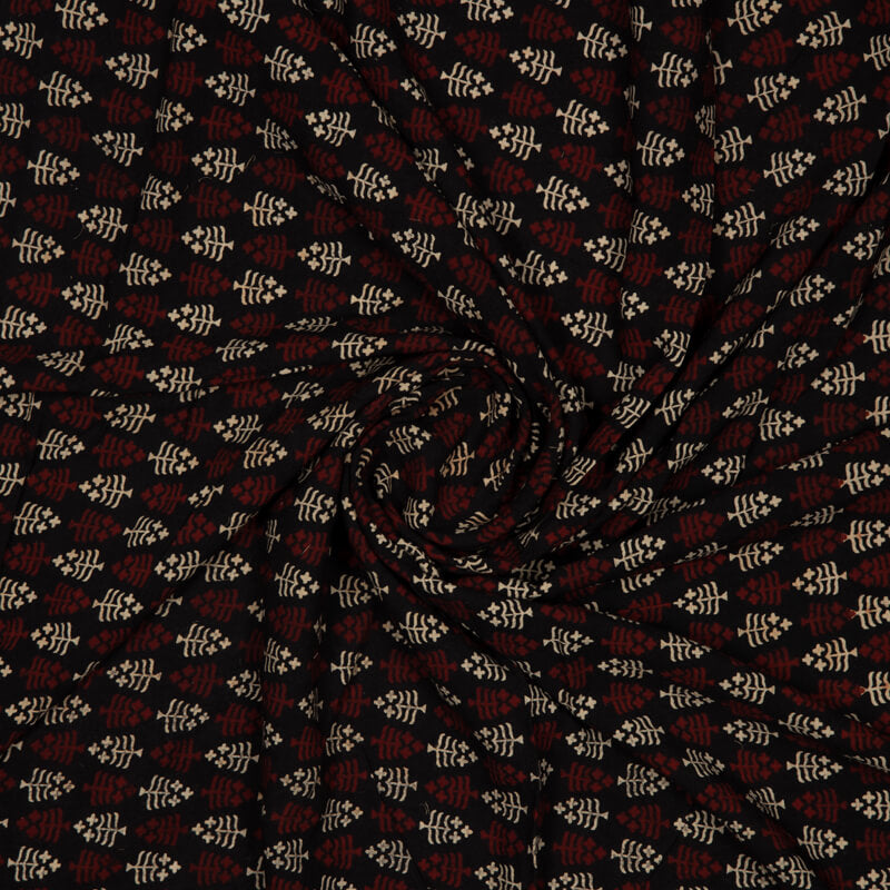 Black And Beige Floral Pattern Natural Dye Screen Print Rayon Fabric