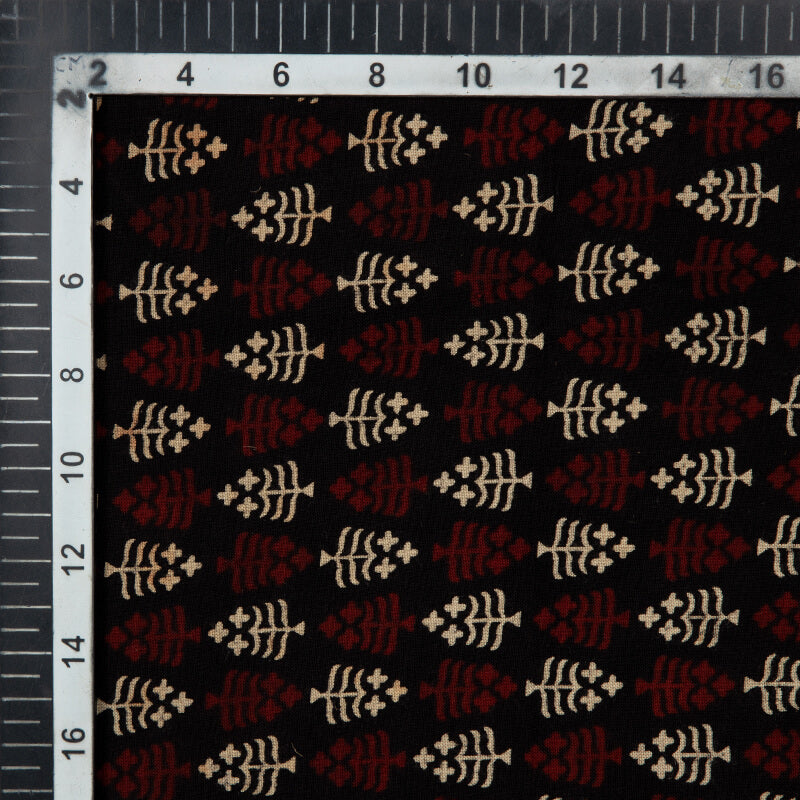 Black And Beige Floral Pattern Natural Dye Screen Print Rayon Fabric
