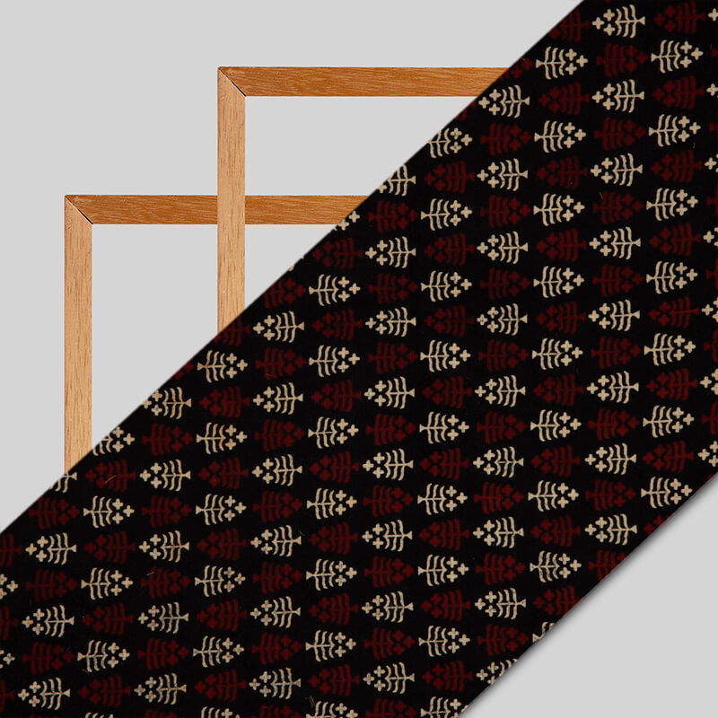 Black And Beige Floral Pattern Natural Dye Screen Print Rayon Fabric
