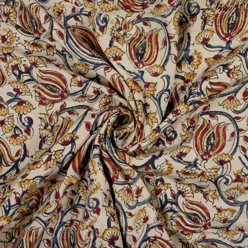 Cream And Maroon Kalamkari Handblock Cotton Silk Fabric - Fabcurate