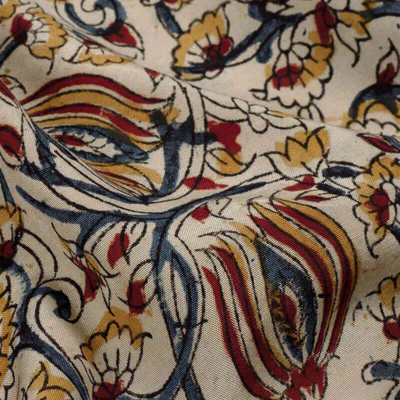 Cream And Maroon Kalamkari Handblock Cotton Silk Fabric - Fabcurate