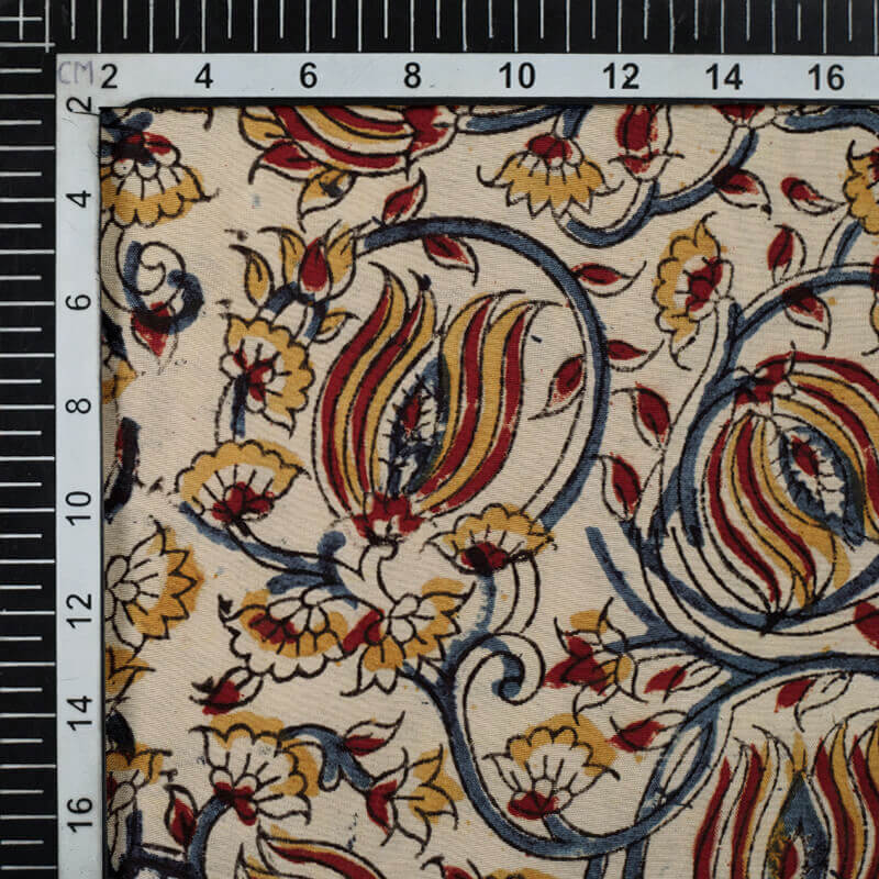 Cream And Maroon Kalamkari Handblock Cotton Silk Fabric - Fabcurate