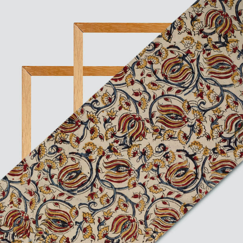 Cream And Maroon Kalamkari Handblock Cotton Silk Fabric - Fabcurate